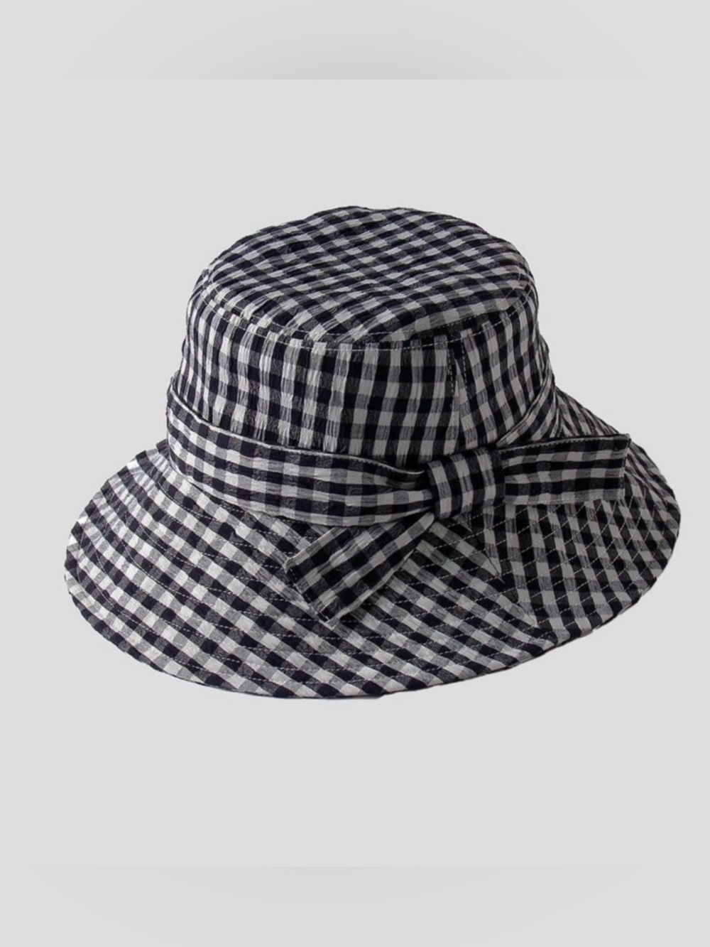 Anna Kaci Black White Gingham Wide Brim Sun Hat with Chin Strap NWT